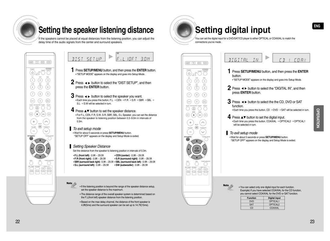 Samsung HT-AS720S instruction manual Settingdigital input, Setting Speaker Distance, Settingthe speaker listening distance 