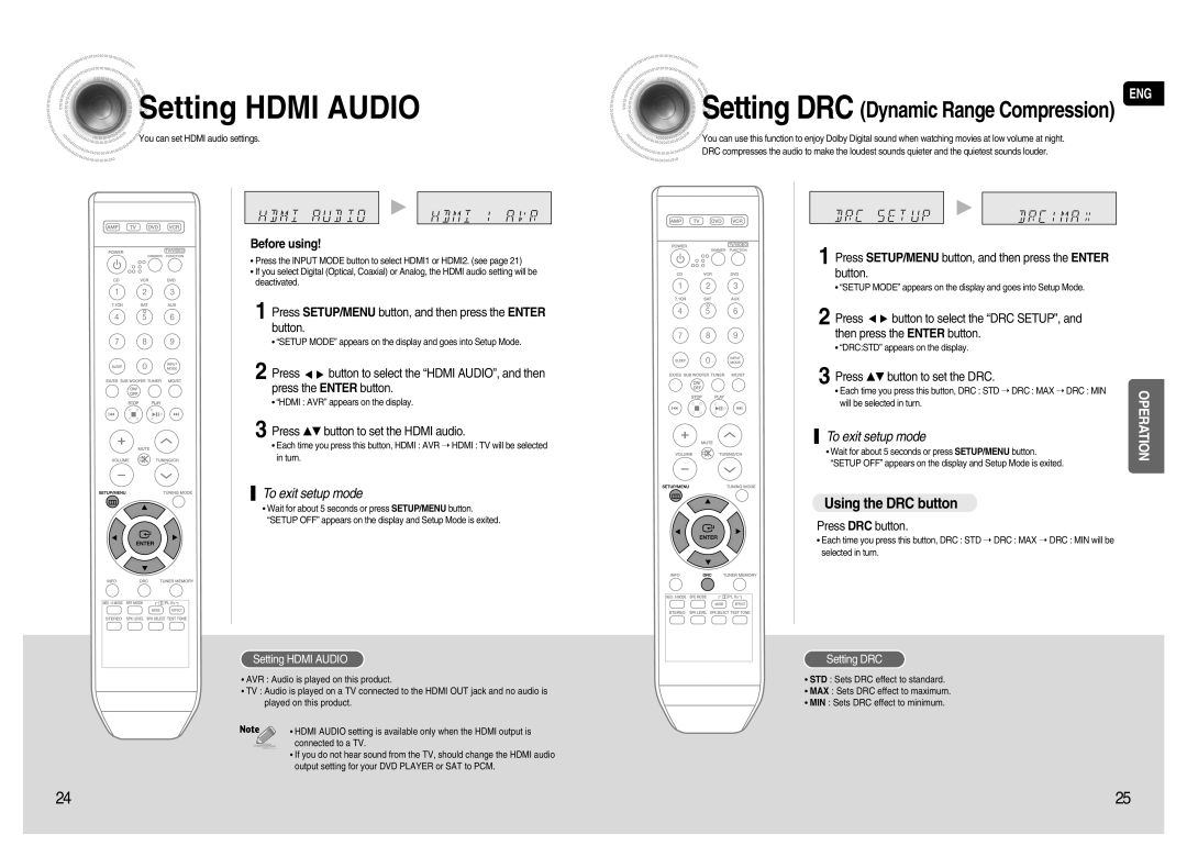 Samsung HT-AS720S SettingHDMI AUDIO, SettingDRC Dynamic Range Compression, Using the DRC button, Before using, Setting DRC 
