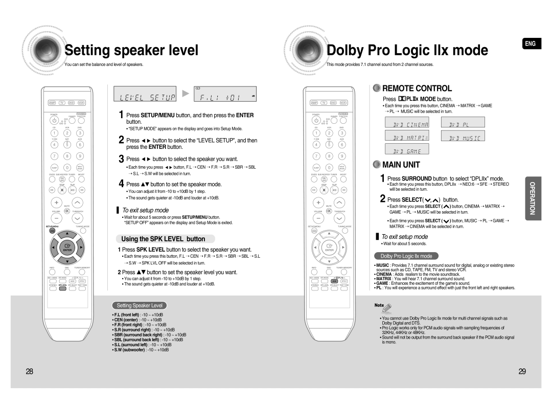 Samsung HT-AS720S Settingspeaker level, DolbyPro Logic llx mode, Using the SPK LEVEL button, Remote Control, Main Unit 