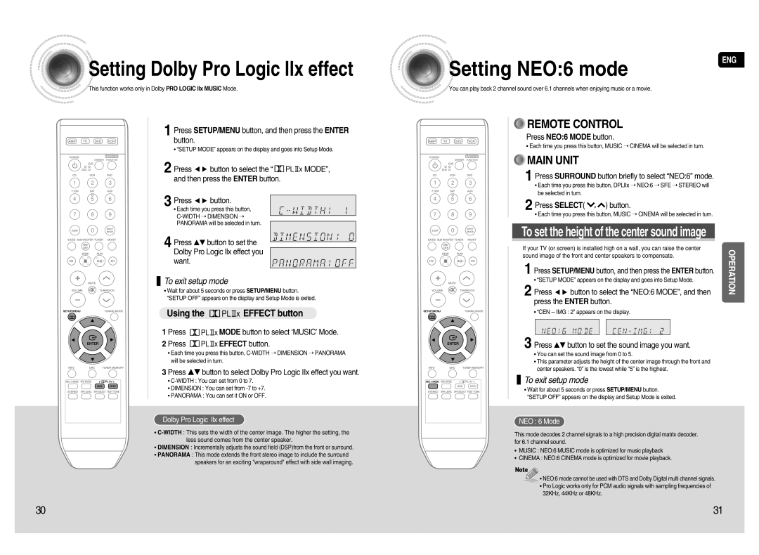Samsung HT-AS720S SettingDolby Pro Logic llx effect, SettingNEO:6 mode, Using the EFFECT button, Remote Control, Main Unit 