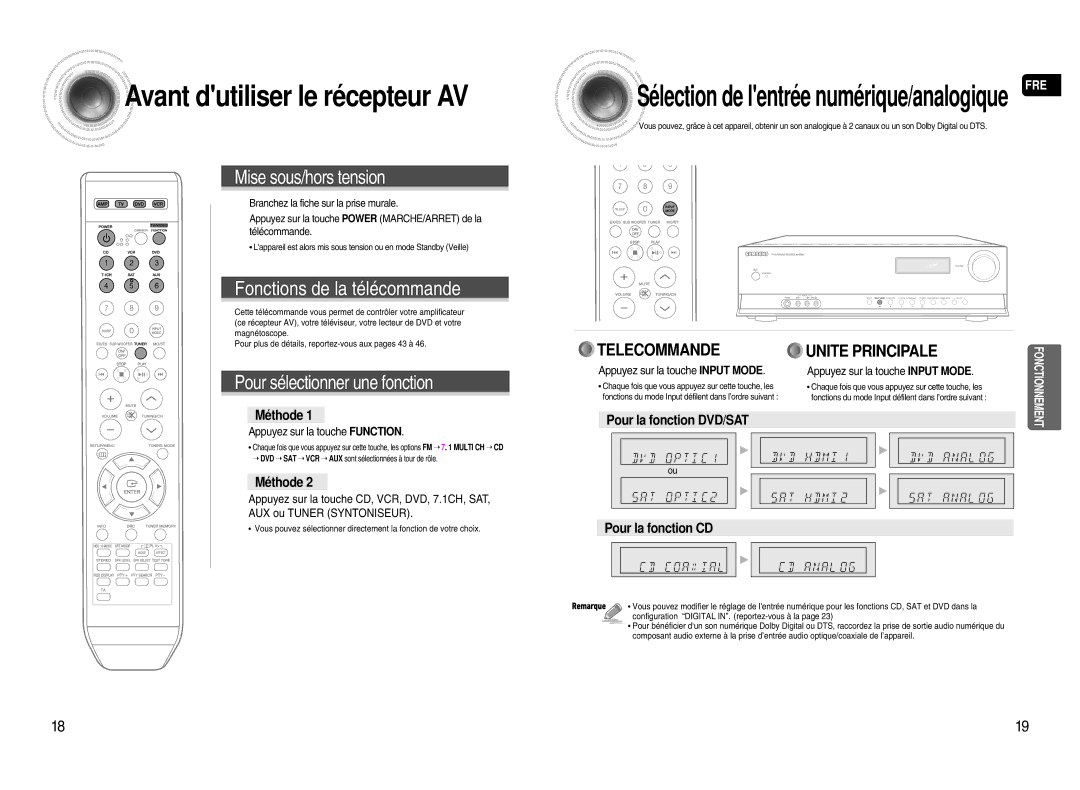 Samsung HT-AS720SR/XEF manual Avant dutiliser le récepteur AV, Méthode, Pour la fonction DVD/SAT, Pour la fonction CD 