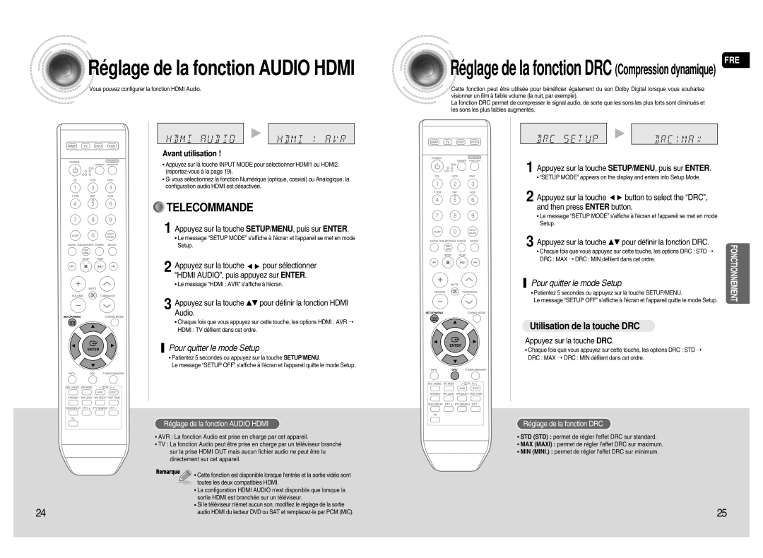 Samsung HT-AS720SR/XEF manual Réglage de la fonction Audio Hdmi, Utilisation de la touche DRC, Appuyez sur la touche DRC 