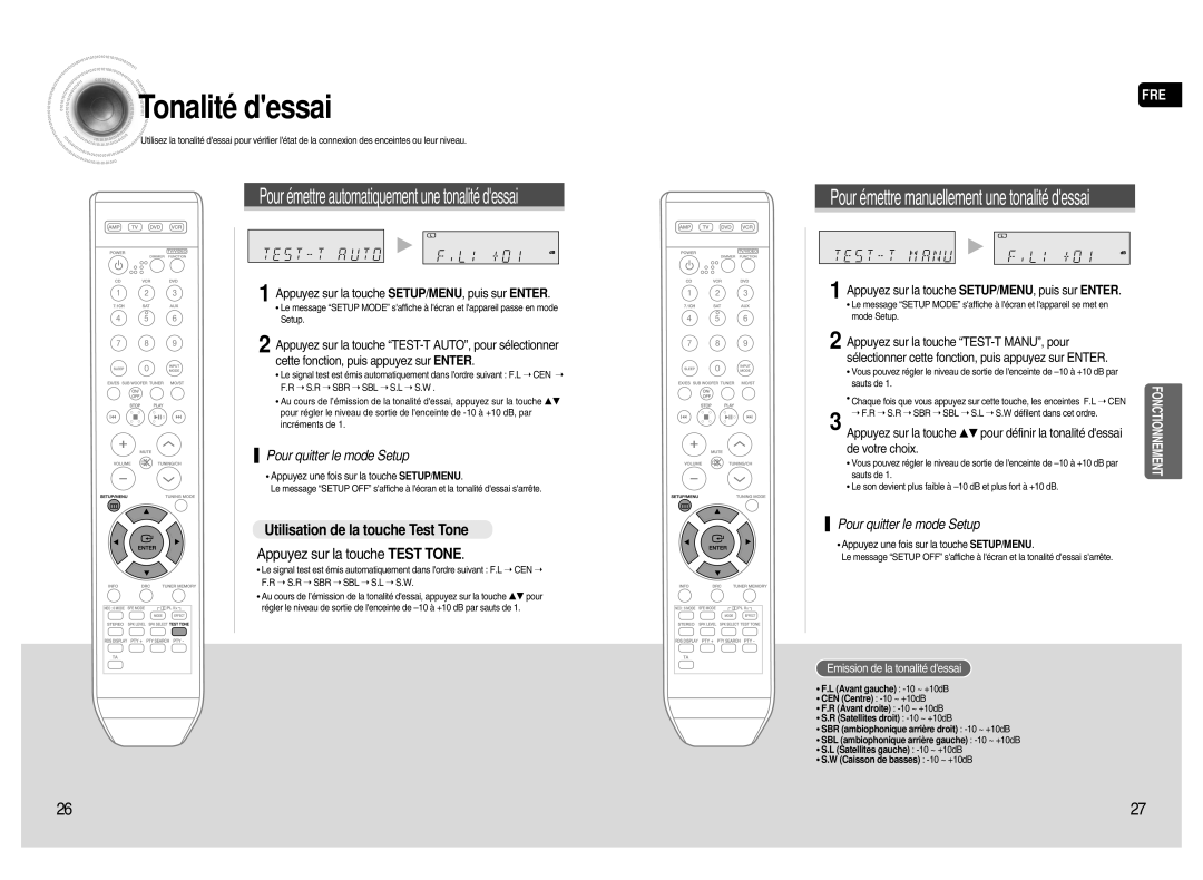 Samsung HT-AS720SR/XEF manual Tonalité dessai, Utilisation de la touche Test Tone, Appuyez sur la touche Test Tone 