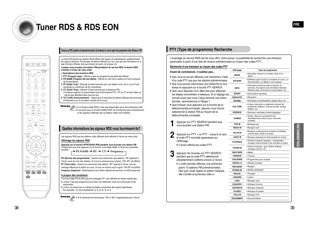 Samsung HT-AS720SR/XEF manual Tuner RDS & RDS EON, PTY Type de programme Recherche 