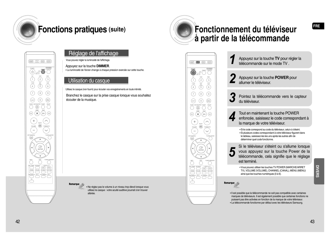 Samsung HT-AS720SR/XEF manual Fonctions pratiques suite, Partir de la télécommande, Appuyez sur la touche Dimmer 