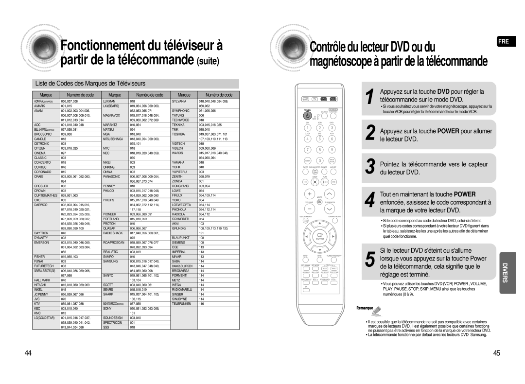 Samsung HT-AS720SR/XEF manual Liste de Codes des Marques de Téléviseurs, Télécommande sur le mode DVD, Réglage est terminé 