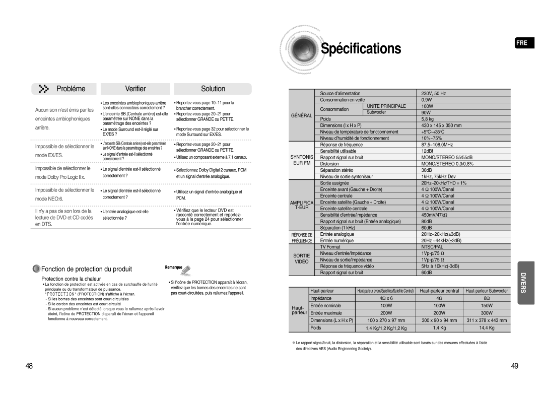 Samsung HT-AS720SR/XEF manual Fonction de protection du produit, Protection contre la chaleur 