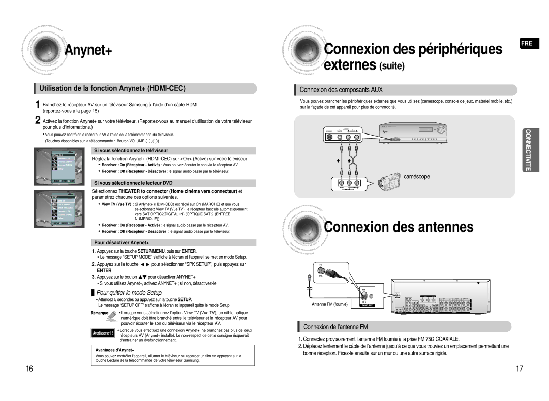 Samsung HT-AS720SR/XEF Anynet+, Connexion des antennes, Connexion de l’antenne FM, Pour quitter le mode Setup, Caméscope 