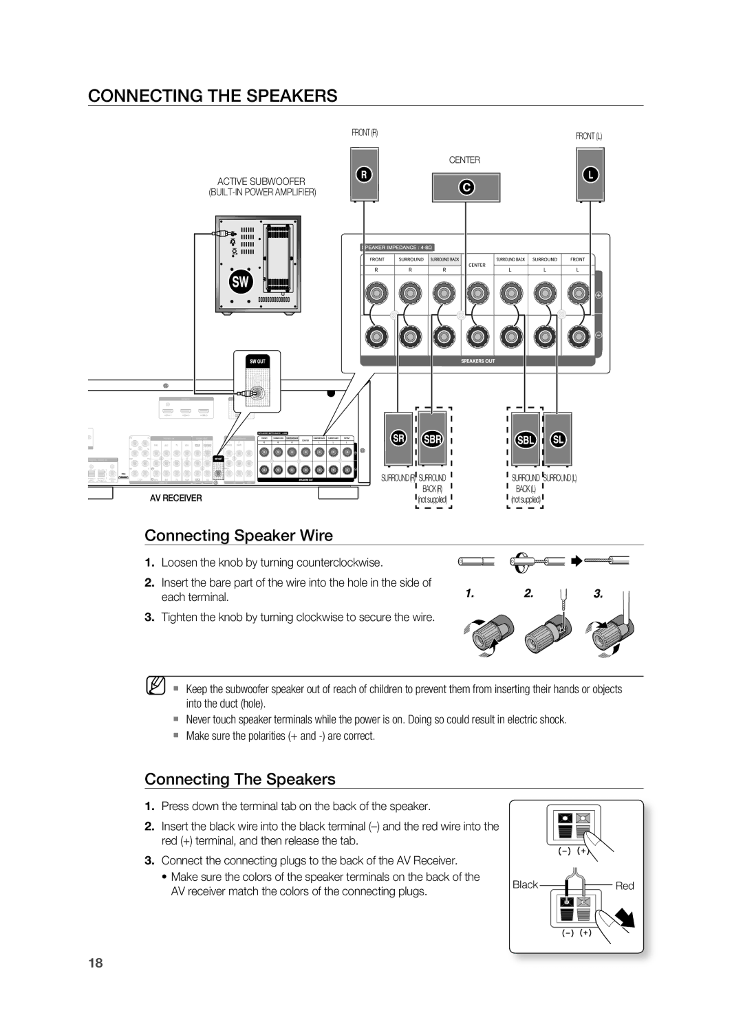 Samsung HT-AS730S user manual COnneCting tHe SpeakerS, Connecting Speaker Wire, Connecting the Speakers 