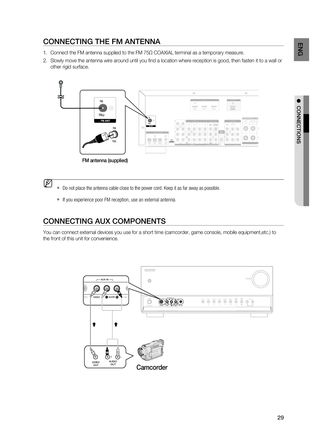 Samsung HT-AS730S user manual COnneCting tHe fm antenna, COnneCting aUX COmpOnentS, Camcorder, FM antenna supplied 