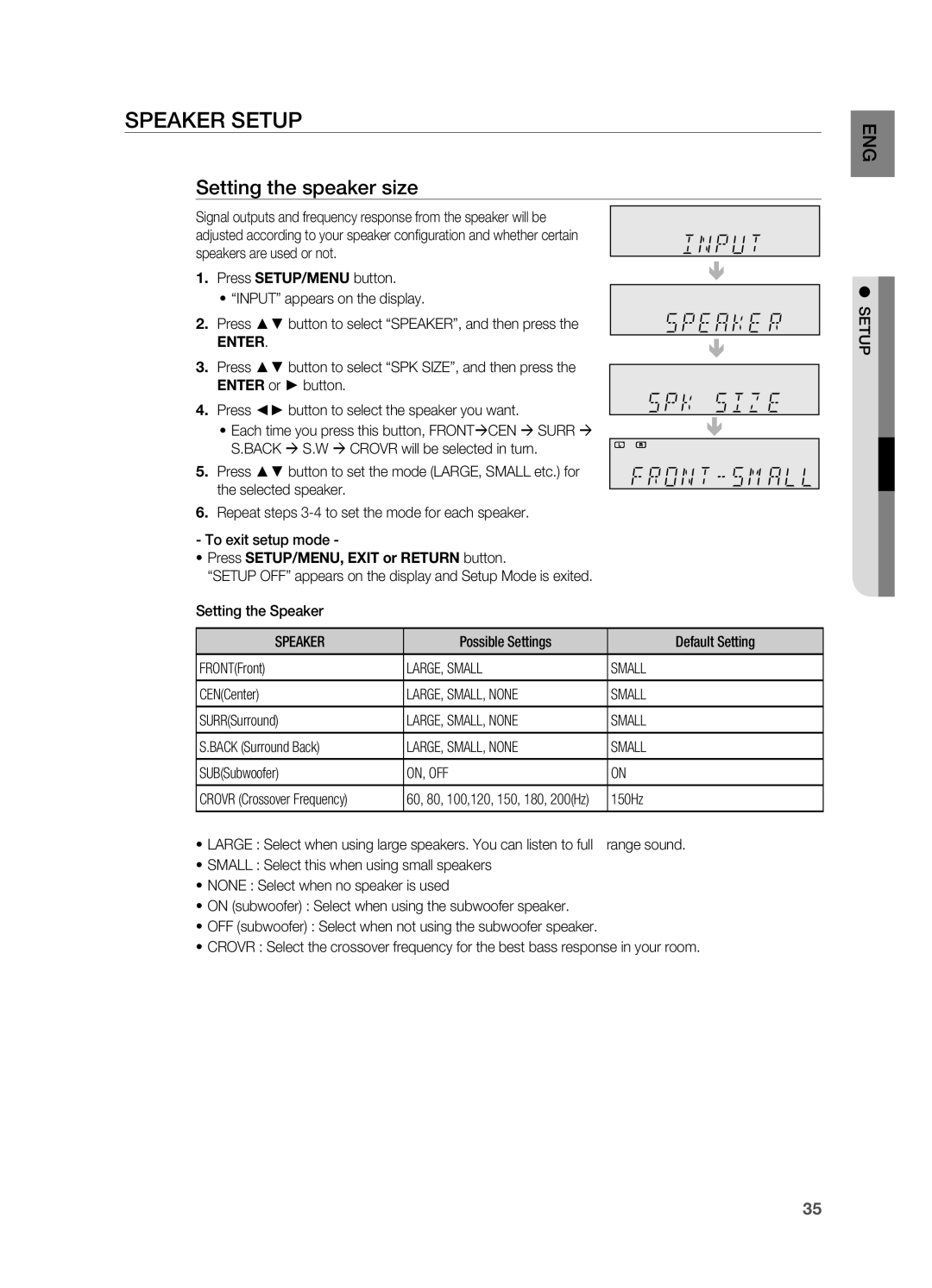 Samsung HT-AS730S user manual Setting the speaker size, Speaker, LARGE, Small, LARGE, SMALL, None Small, On, Off 