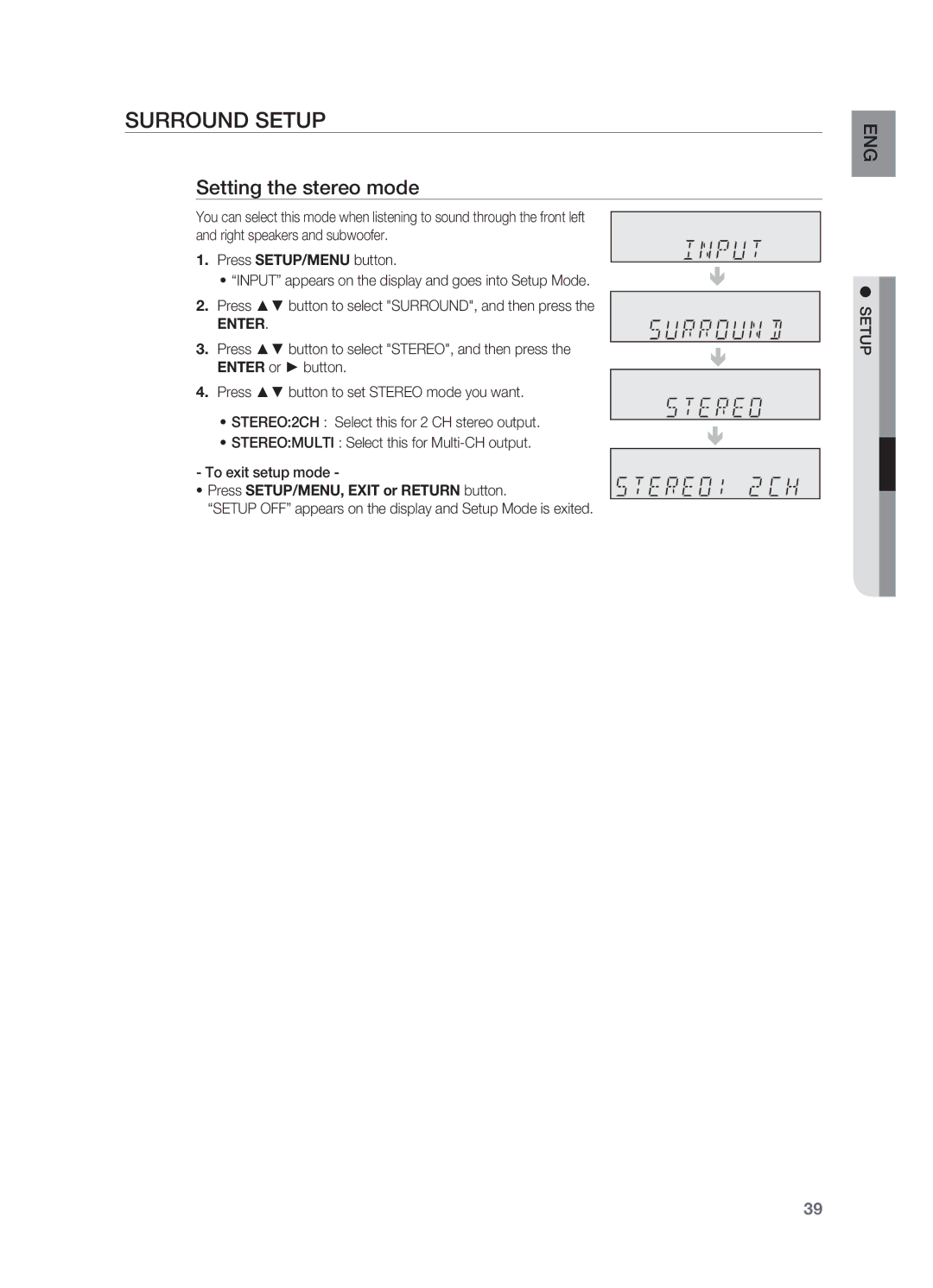 Samsung HT-AS730S user manual Setting the stereo mode, Setup OFF appears on the display and Setup Mode is exited 