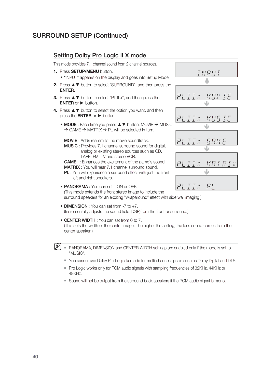 Samsung HT-AS730S user manual Surround Setup, Setting Dolby Pro Logic II X mode, Movie Adds realism to the movie soundtrack 