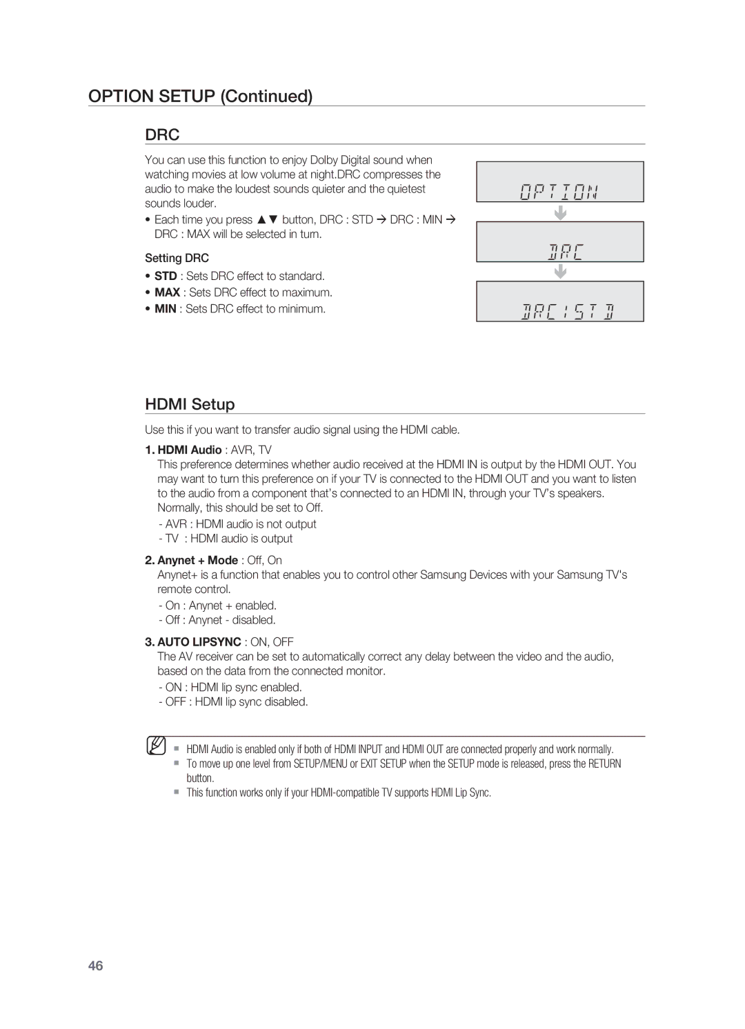 Samsung HT-AS730S user manual Drc, Hdmi Setup 