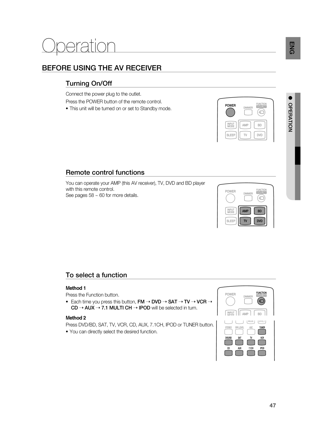 Samsung HT-AS730S Operation, Before using the AV receiver, Turning On/Off, Remote control functions, To select a function 