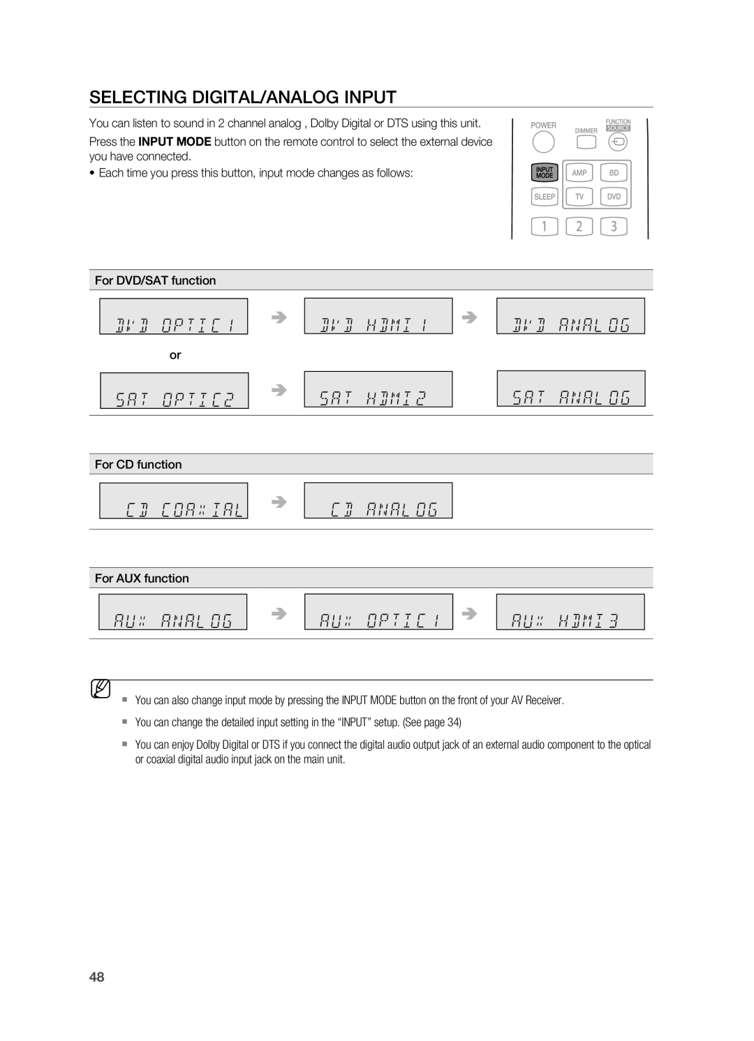 Samsung HT-AS730S user manual Selecting digital/analog Input, For CD function For AUX function 