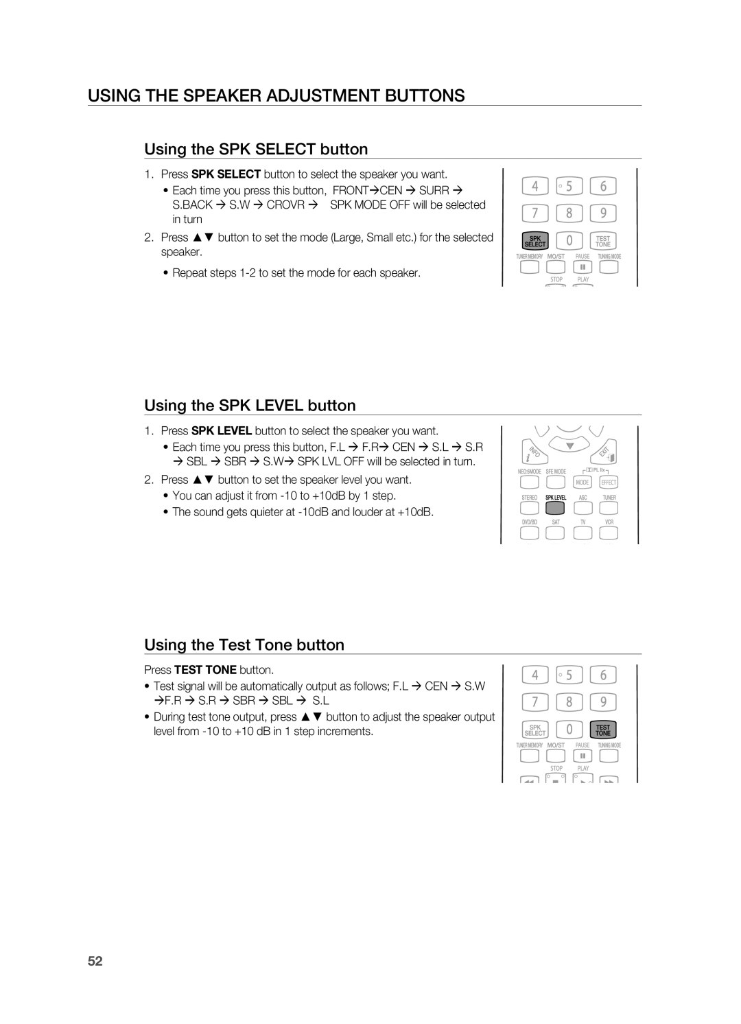 Samsung HT-AS730S user manual Using the SPK Select button, Using the SPK Level button, Using the Test Tone button 