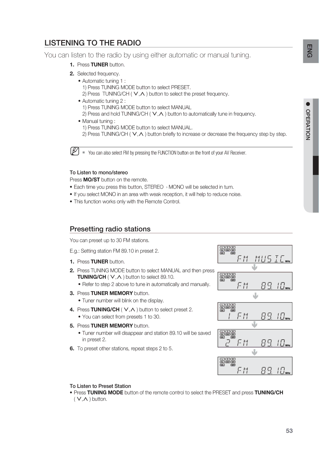 Samsung HT-AS730S user manual Listening to the Radio, Presetting radio stations 