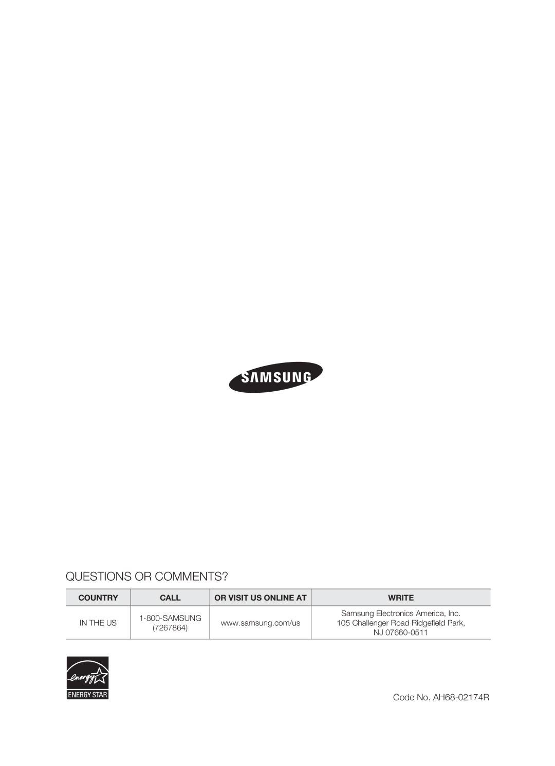 Samsung HT-AS730S user manual Questions or COMMENTS?, Code No. AH68-02174R 