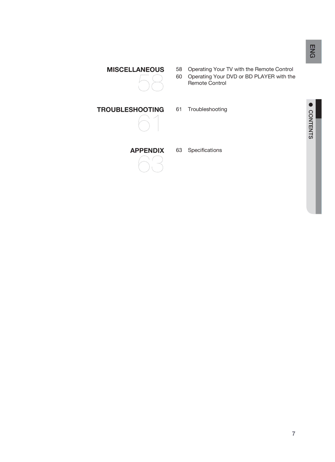 Samsung HT-AS730S user manual Miscellaneous Troubleshooting, Contents Appendix 63 Specifications 