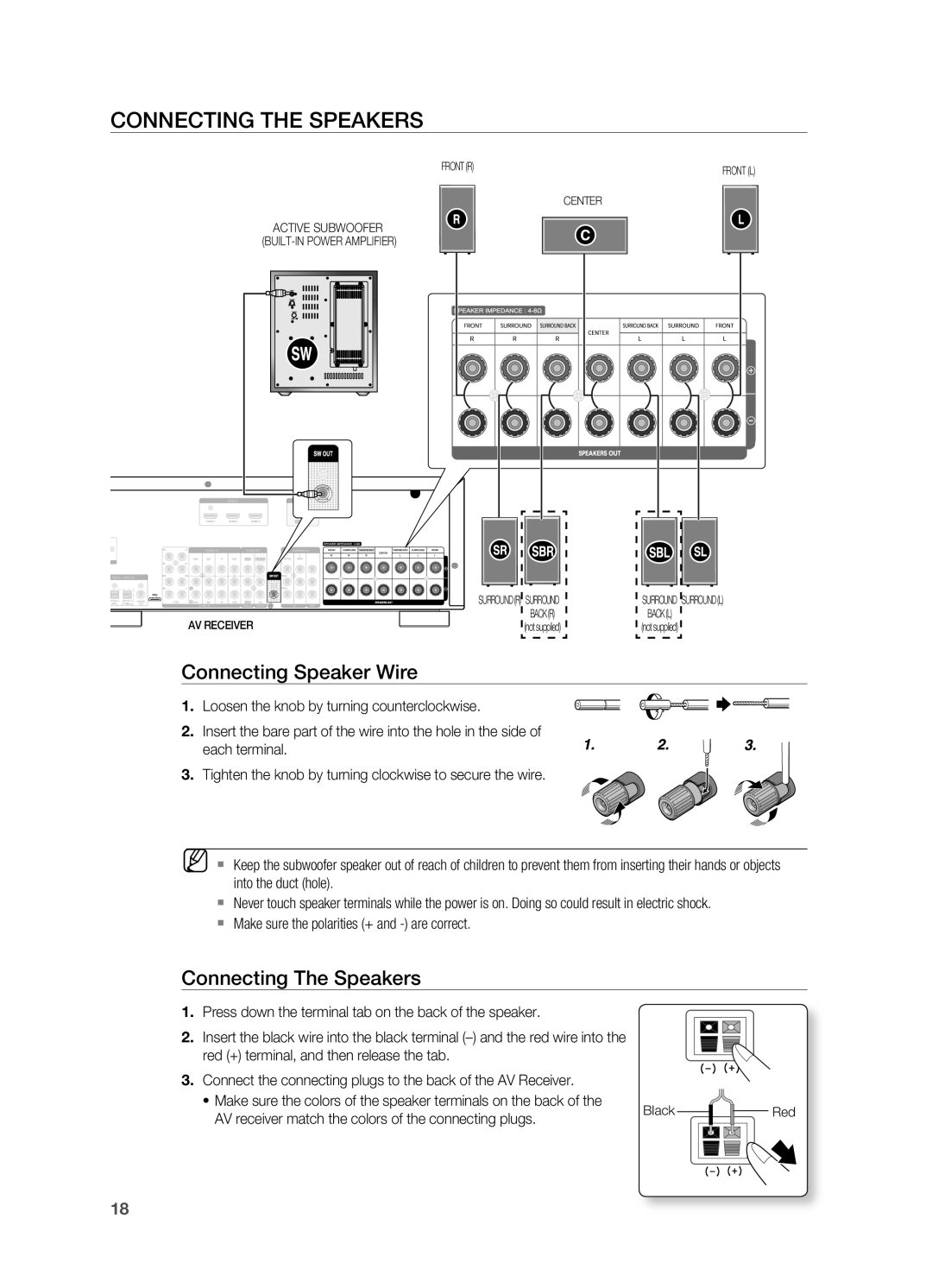 Samsung HT-AS730S user manual COnneCting tHe SpeakerS, Connecting Speaker Wire, Connecting the Speakers 