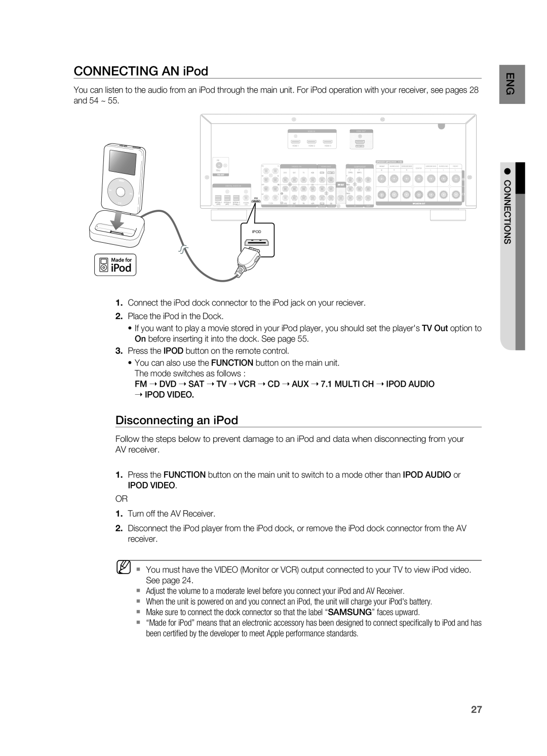 Samsung HT-AS730S user manual Connecting an iPod, Disconnecting an iPod 