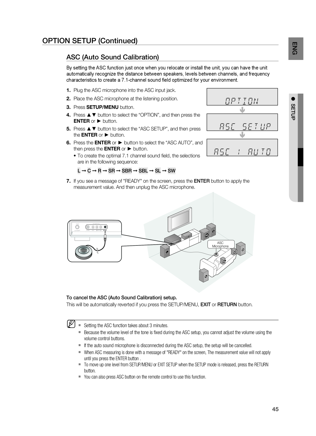 Samsung HT-AS730S user manual option setup Continued, ASC Auto Sound Calibration 