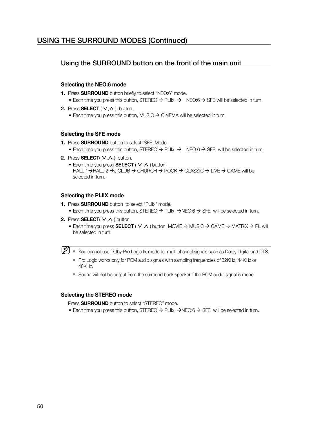 Samsung HT-AS730S user manual Using the SURROUND modes Continued, Selecting the NEO 6 mode, Selecting the SFE mode 