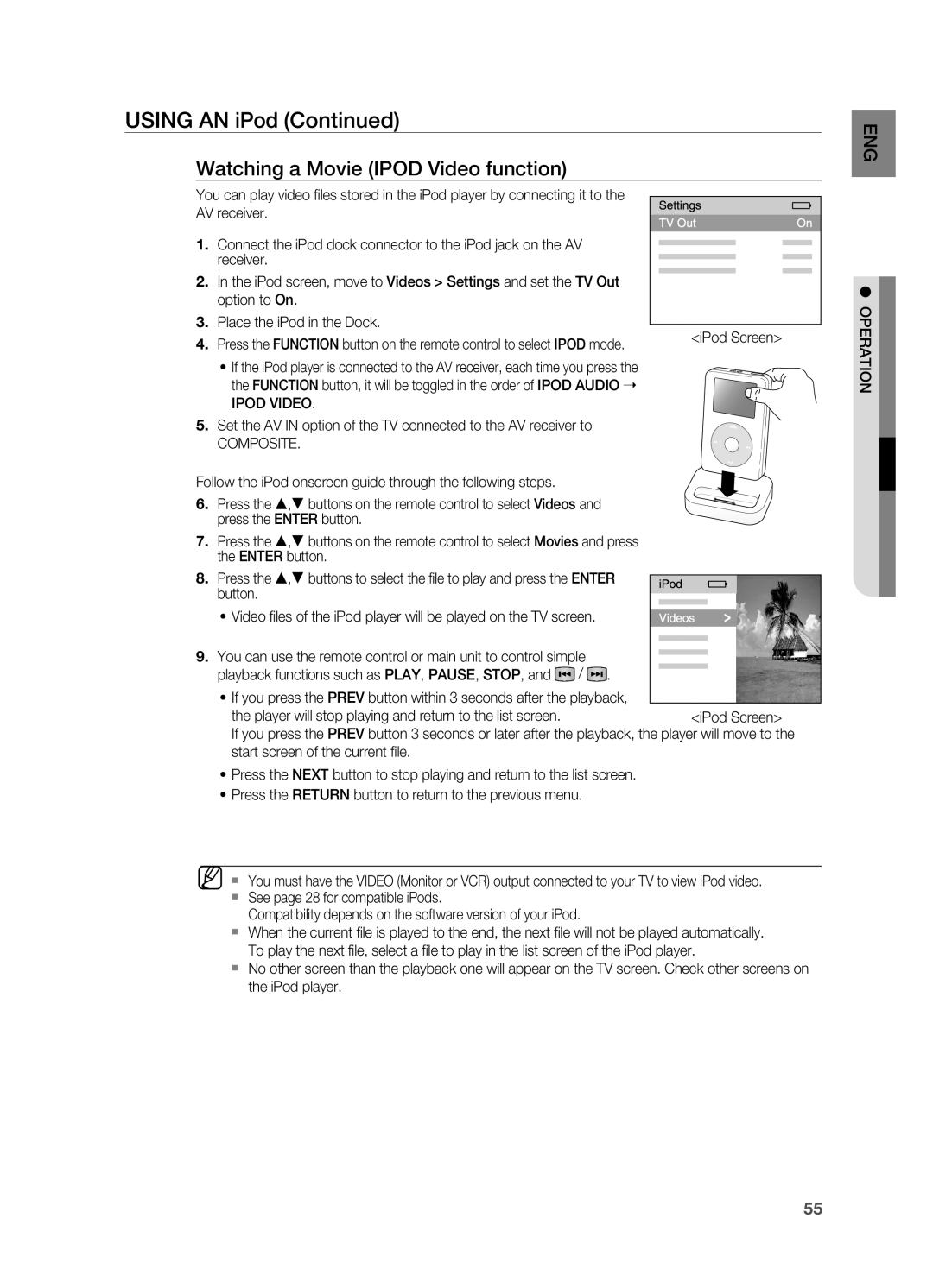 Samsung HT-AS730S user manual Using AN iPod Continued, Watching a Movie IPOD Video function 