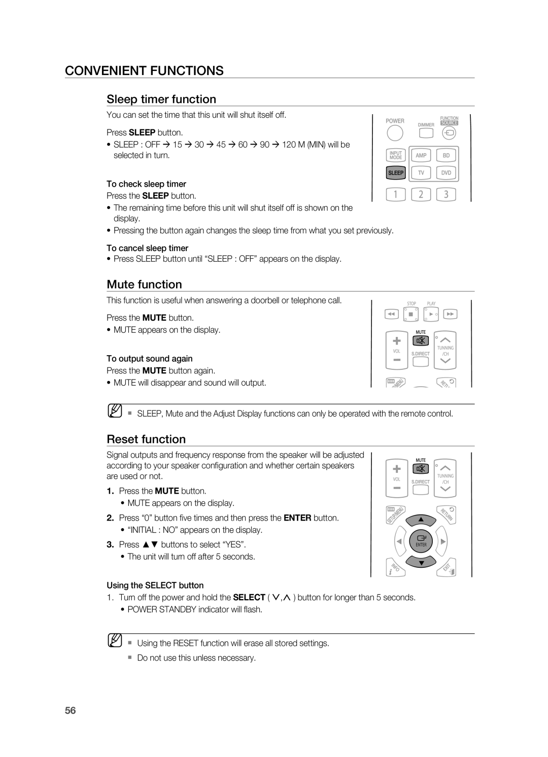 Samsung HT-AS730S user manual Convenient functions, Sleep timer function, Mute function, Reset function 