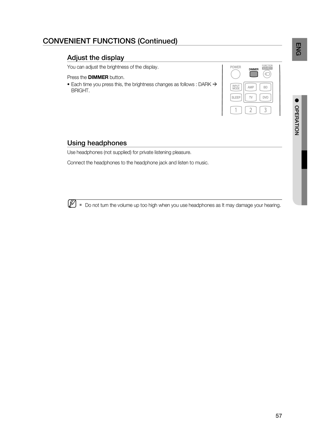 Samsung HT-AS730S user manual Convenient functions Continued, Adjust the display, Using headphones 