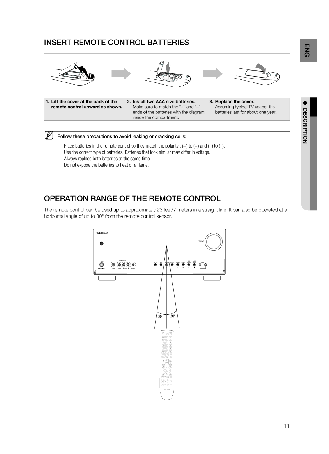 Samsung HT-AS730ST user manual Insert remote control batteries, Operation Range of the remote control 