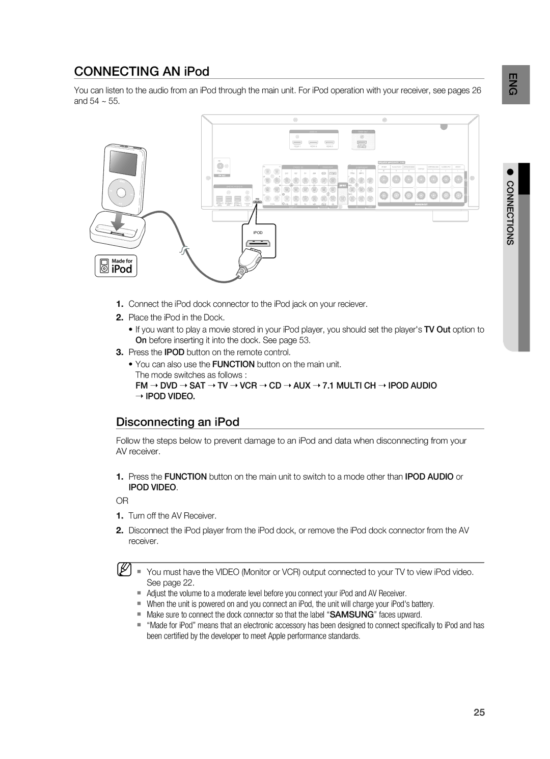 Samsung HT-AS730ST user manual Connecting an iPod, Disconnecting an iPod, Ipod Video 