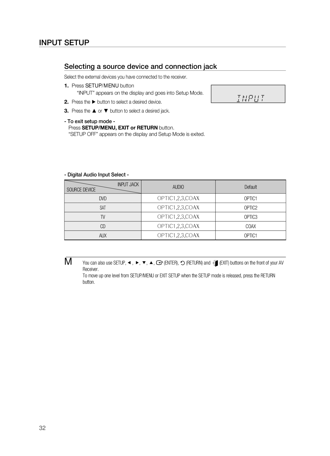 Samsung HT-AS730ST Selecting a source device and connection jack, Audio, Default, Source Device, ` You can also use Setup 