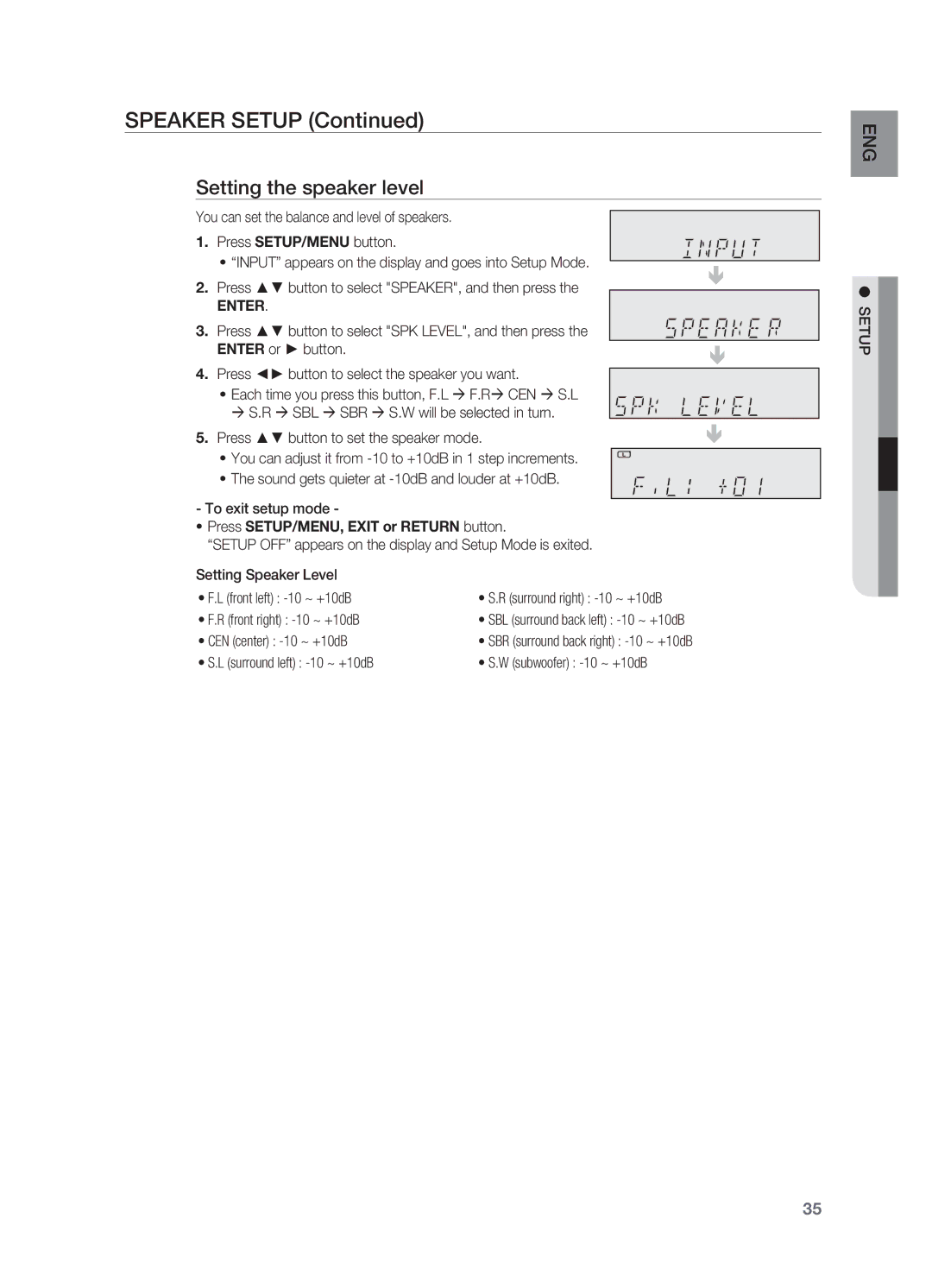 Samsung HT-AS730ST user manual Setting the speaker level, Press button to set the speaker mode, Front right -10 ~ +10dB 