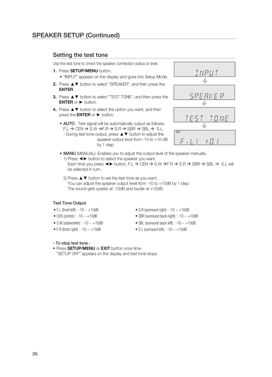 Samsung HT-AS730ST user manual Setting the test tone, Subwoofer -10 ~ +10dB, To stop test tone 