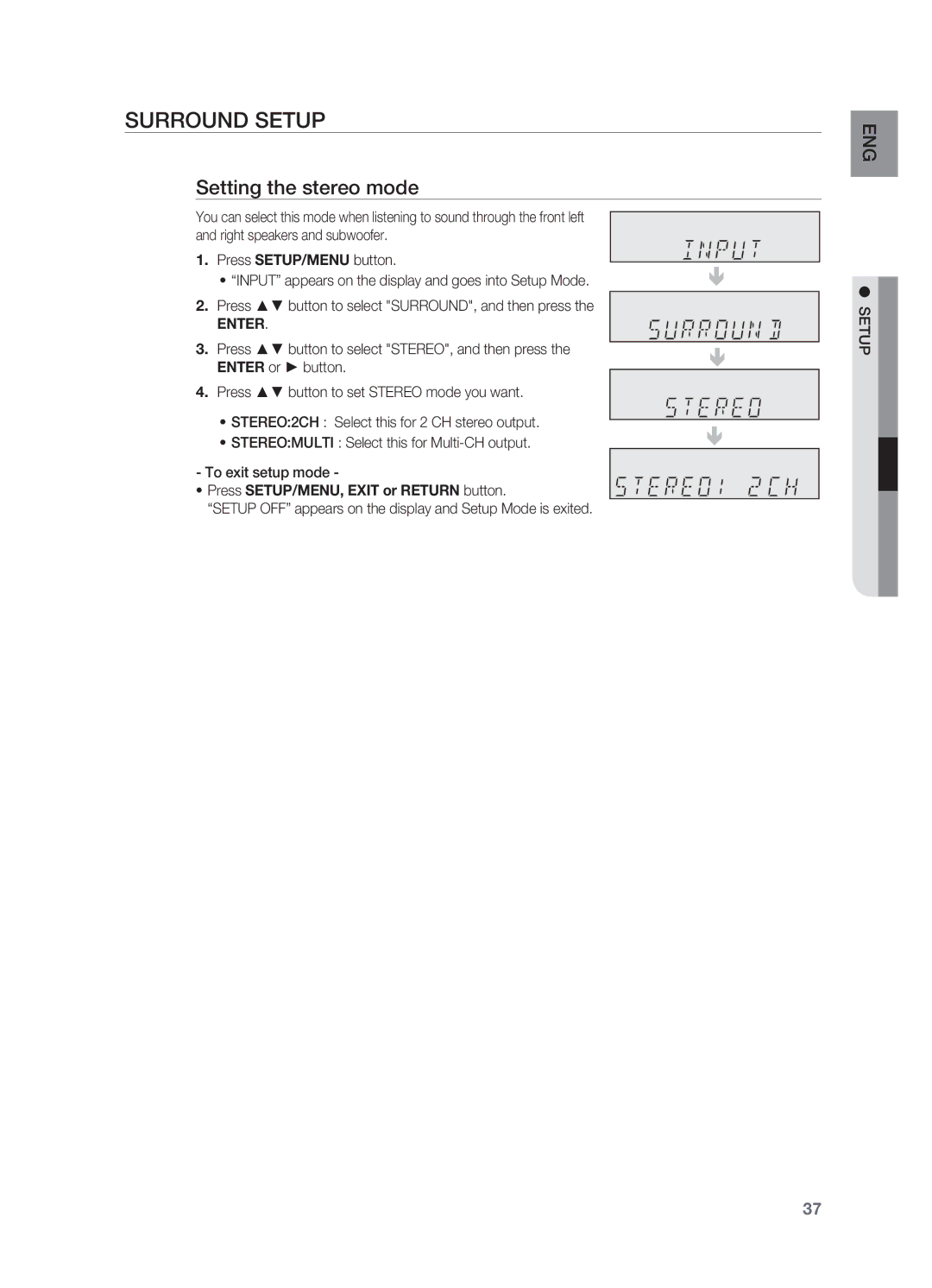 Samsung HT-AS730ST user manual Setting the stereo mode, Setup OFF appears on the display and Setup Mode is exited 