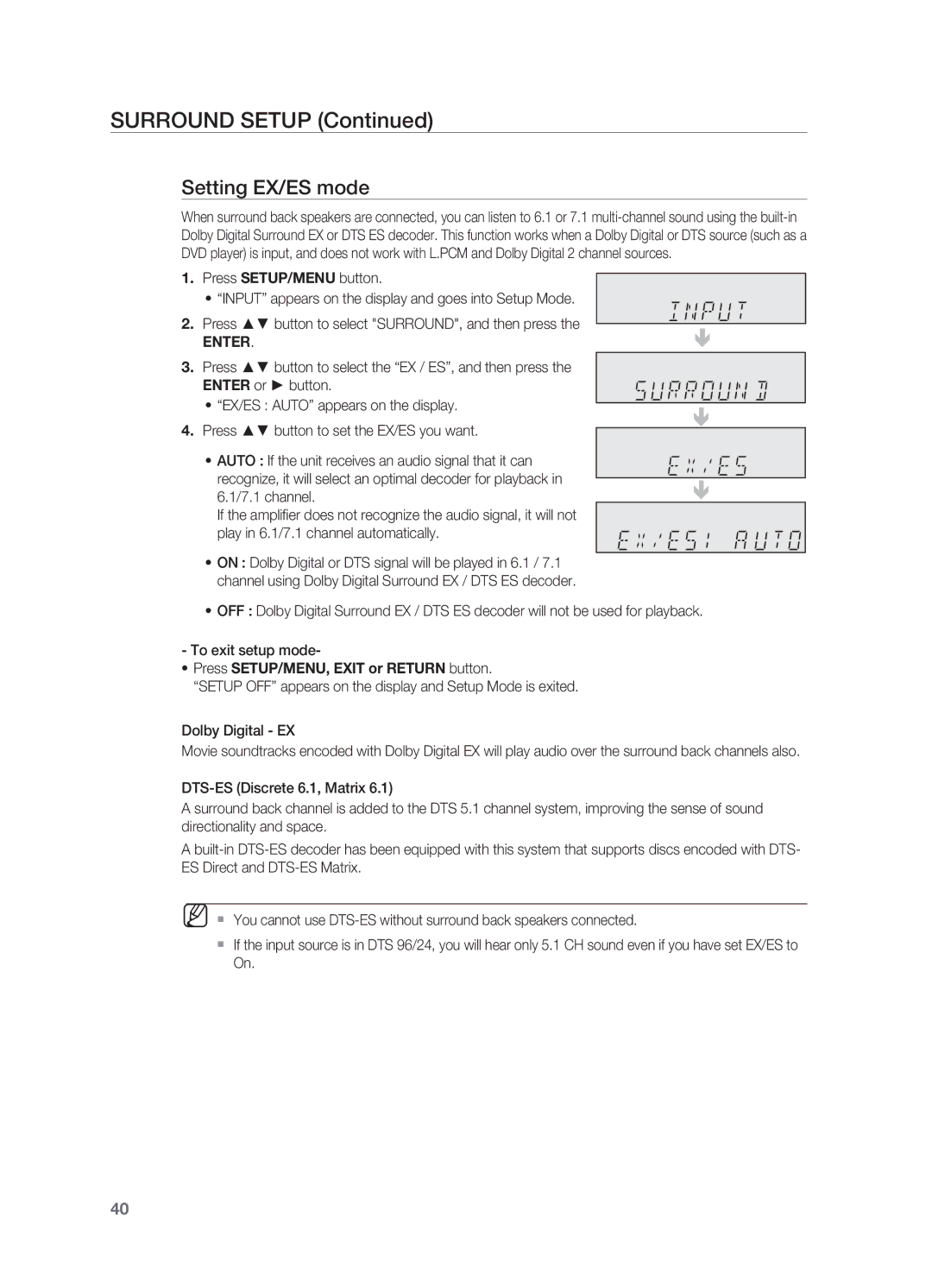 Samsung HT-AS730ST user manual Setting EX/ES mode, Play in 6.1/7.1 channel automatically 