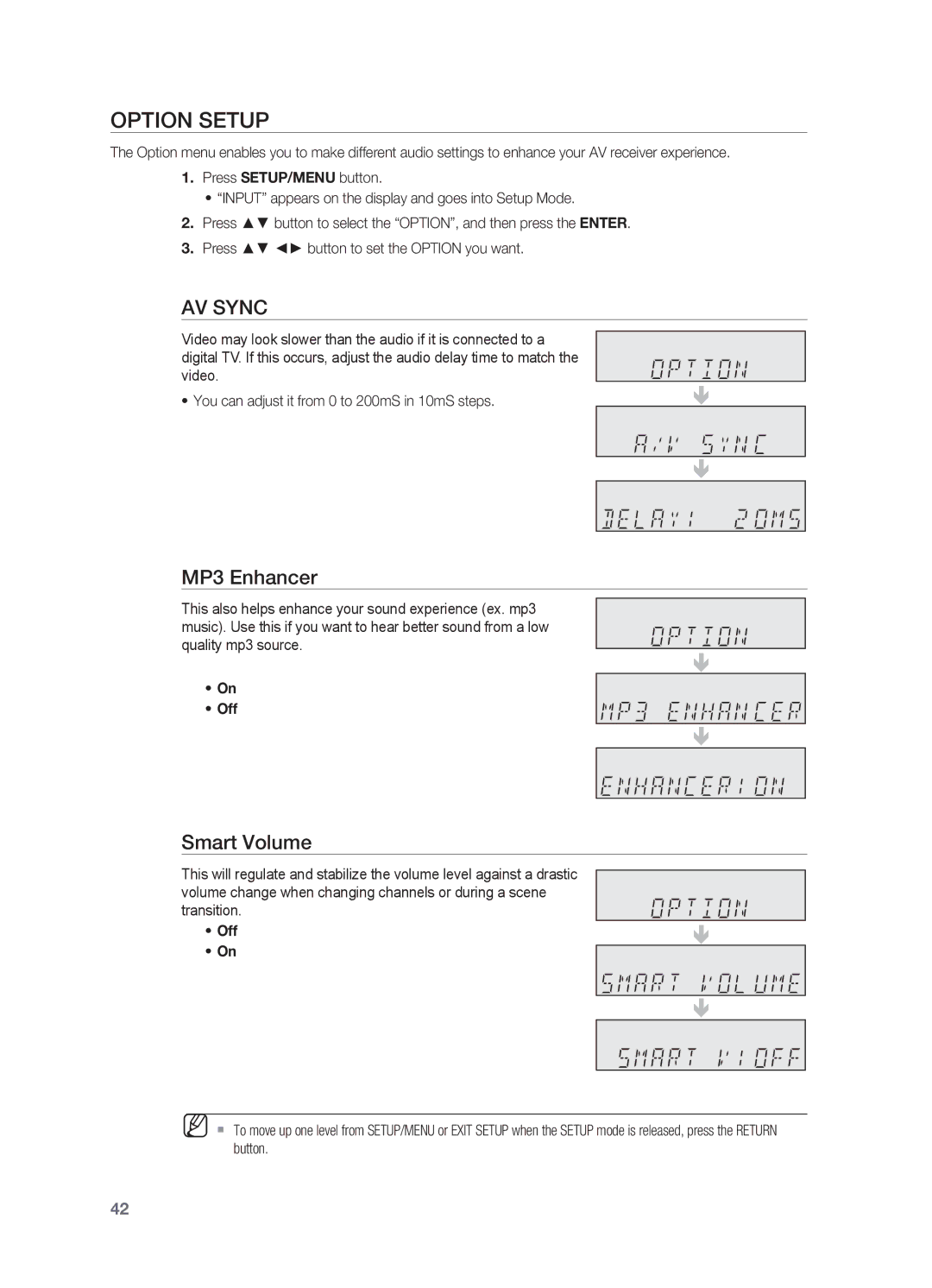 Samsung HT-AS730ST user manual Option setup, MP3 Enhancer, Smart Volume 