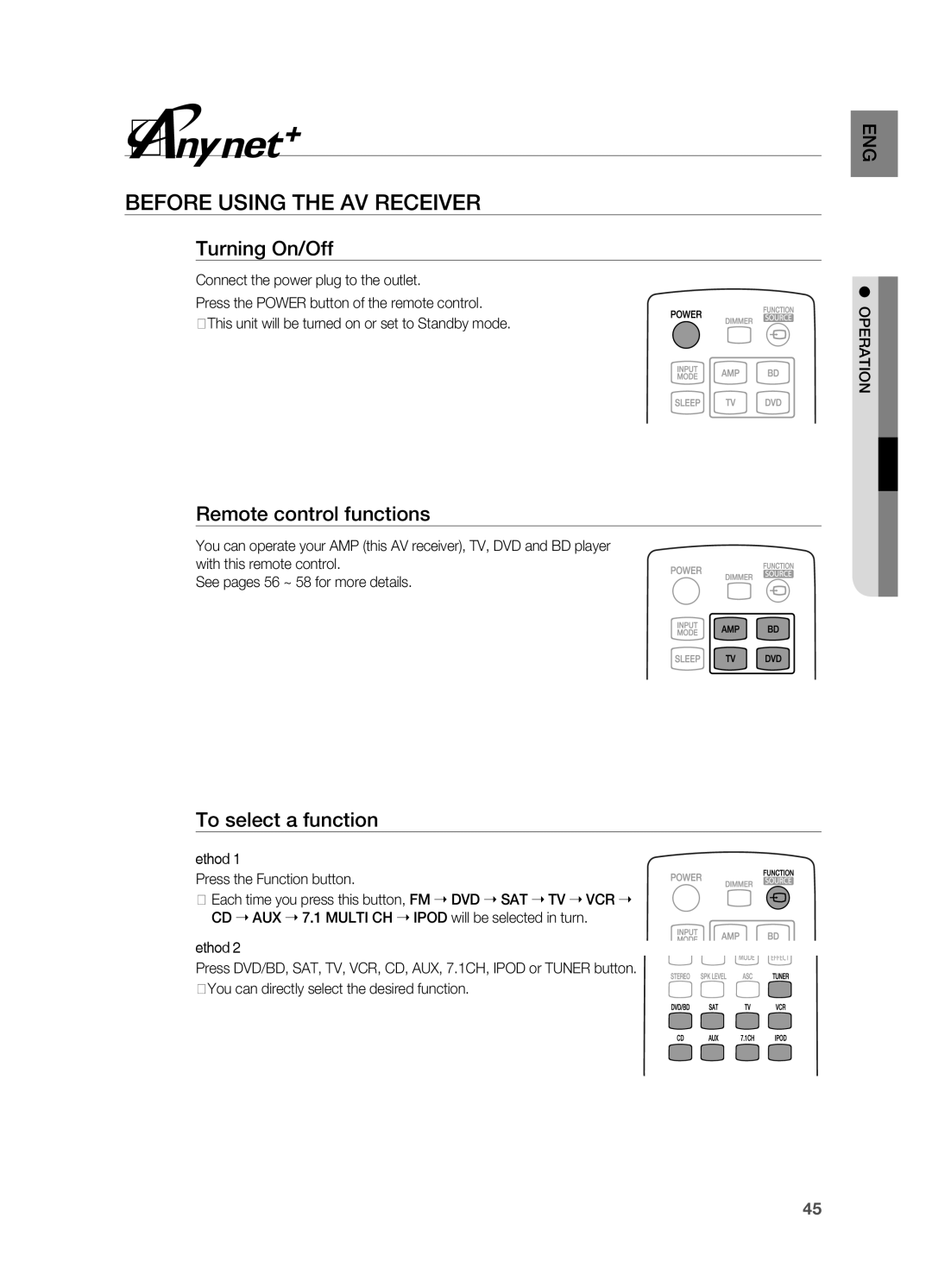 Samsung HT-AS730ST Operation, Before using the AV receiver, Turning On/Off, Remote control functions, To select a function 