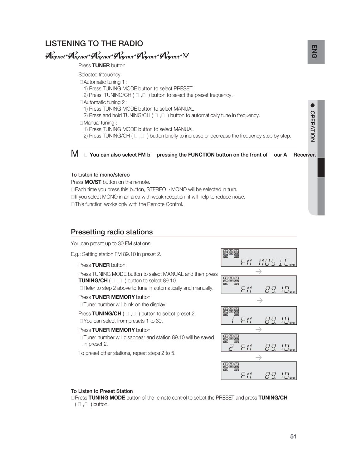 Samsung HT-AS730ST user manual Listening to the Radio, Presetting radio stations 