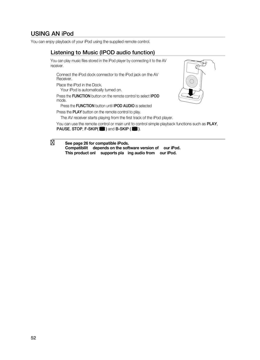 Samsung HT-AS730ST user manual Using AN iPod, Listening to Music Ipod audio function 