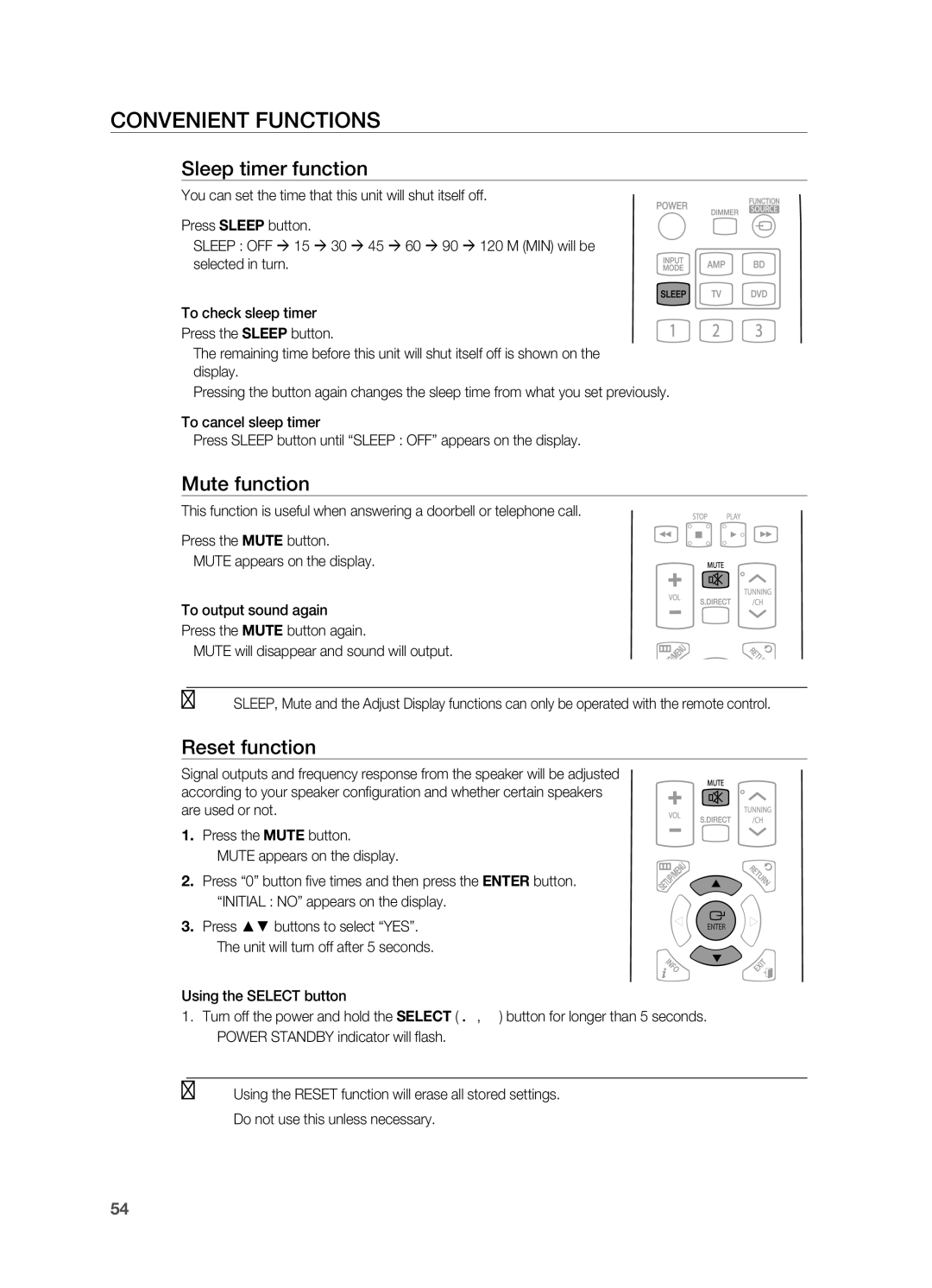 Samsung HT-AS730ST user manual Convenient functions, Sleep timer function, Mute function, Reset function 