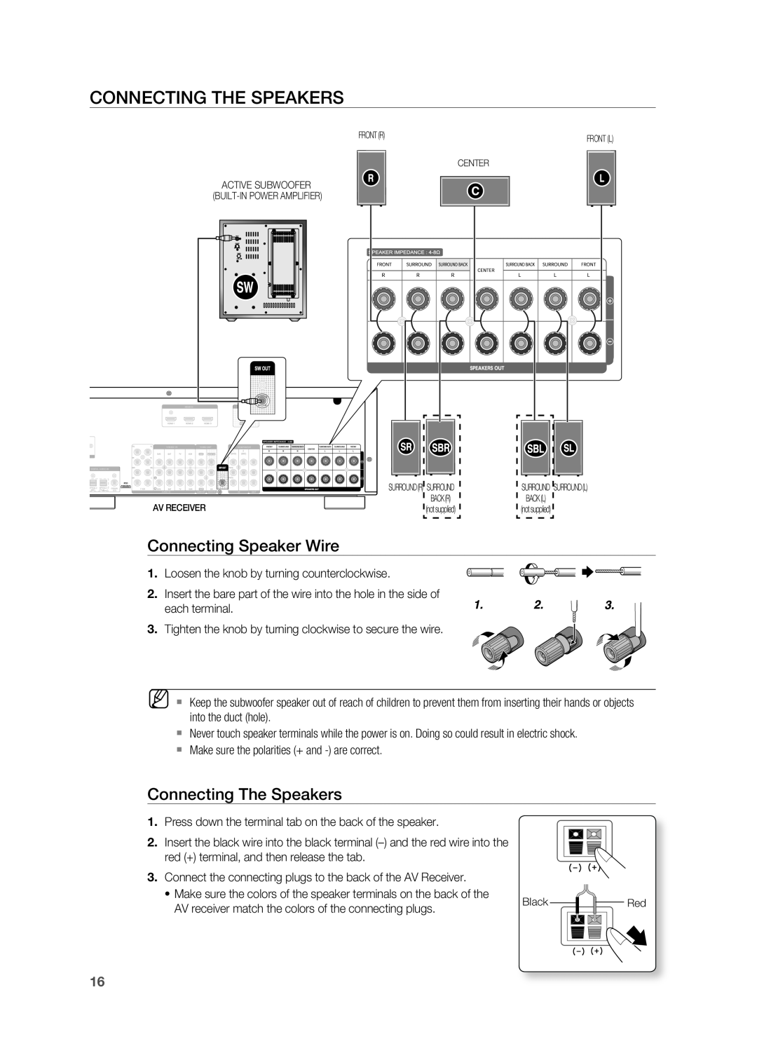 Samsung HT-AS730ST user manual COnneCting tHe SPeakerS, Connecting Speaker Wire, Connecting the Speakers 