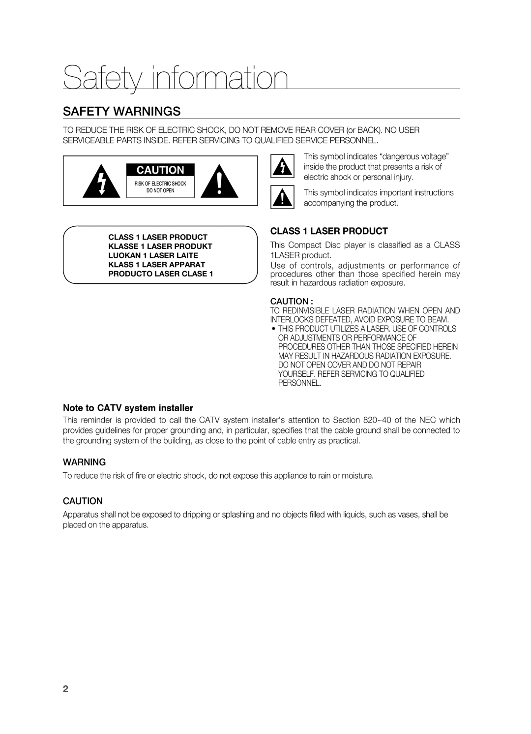 Samsung HT-AS730ST user manual Safety information, Safety Warnings, Note to CATV system installer, CLASS 1 LASER PRODUCT 
