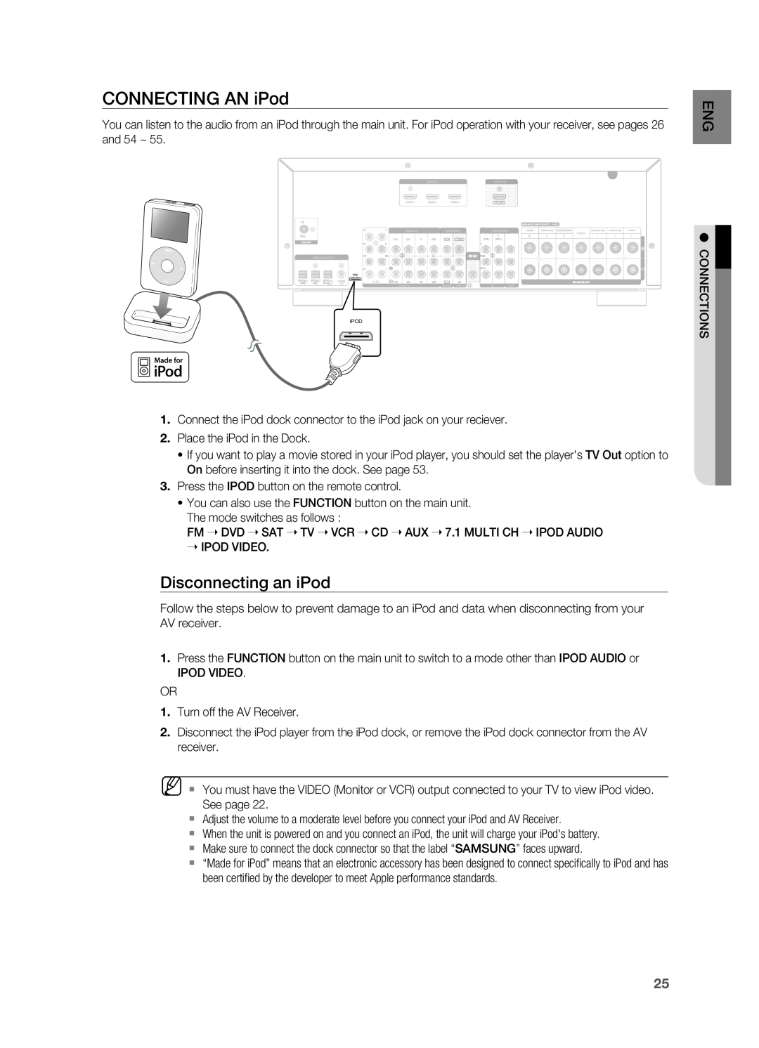 Samsung HT-AS730ST user manual Connecting an iPod, Disconnecting an iPod 