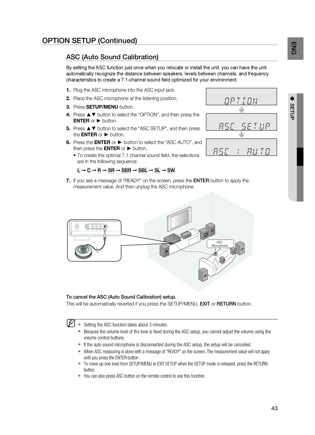 Samsung HT-AS730ST user manual option setup Continued, ASC Auto Sound Calibration 