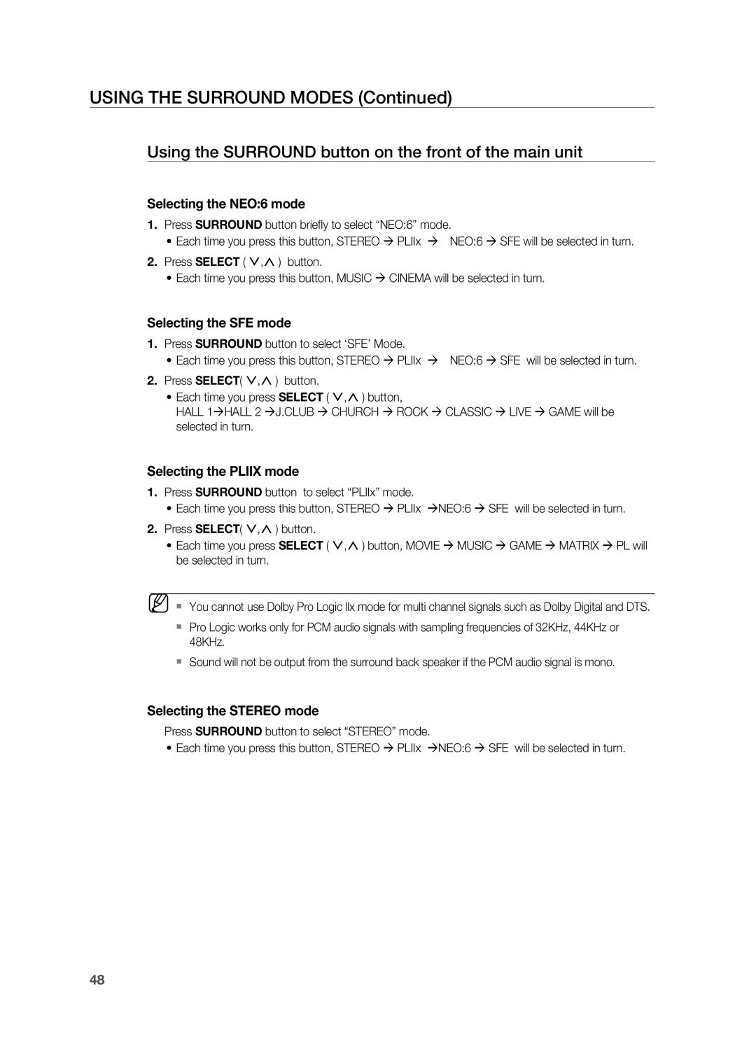 Samsung HT-AS730ST user manual Using the SURROUND modes Continued, Selecting the NEO:6 mode, Selecting the SFE mode 