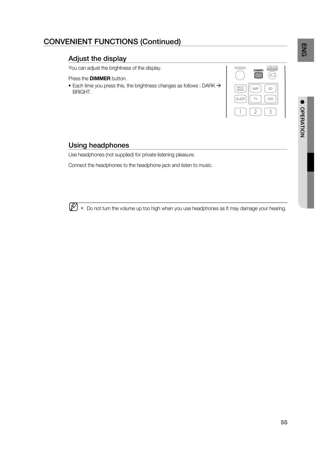 Samsung HT-AS730ST user manual Convenient functions Continued, Adjust the display, Using headphones 