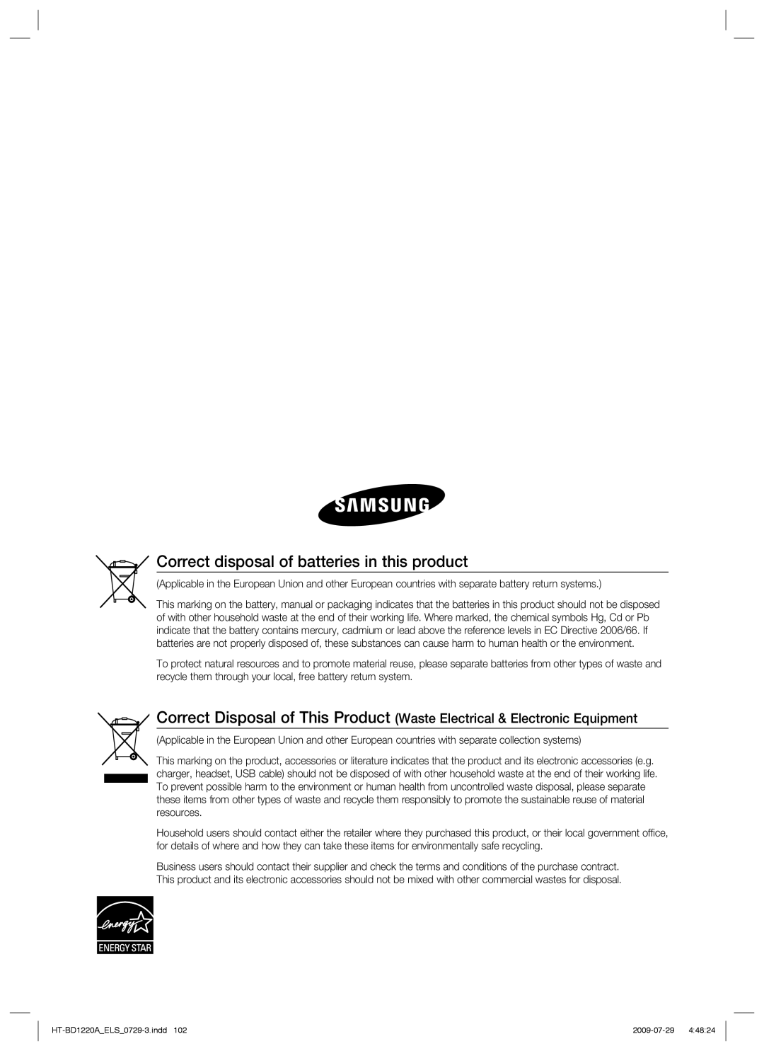 Samsung HT-BD1220R/XET, HT-BD1220R/EDC, HT-BD1220R/XEF, HT-BD1220R/XEE manual Correct disposal of batteries in this product 